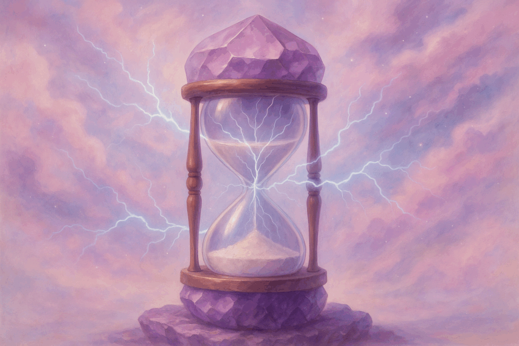 Imagen onírica de un reloj de arena al que atraviesan rayos eléctricos fracturando el cristal y el tiempo